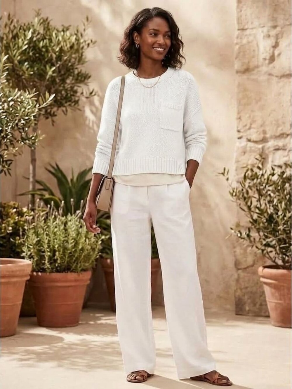 Banana Republic Ivory White Linen Cotton Boxy Crew Neck Knit Sweater Size XL
